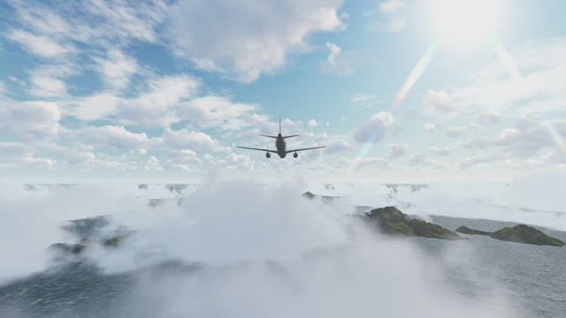 Plane in the sky, aerial low view.