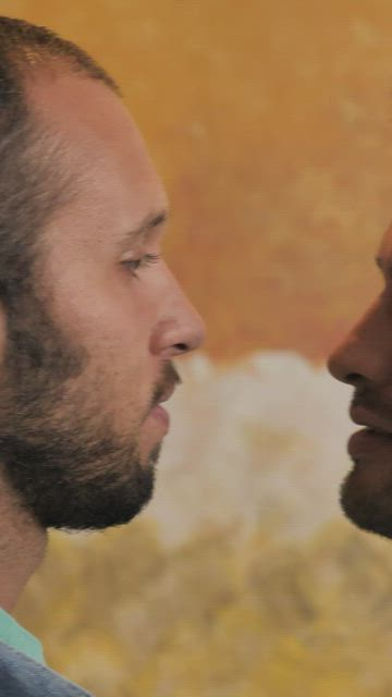 Male LGBTQ couple kissing.