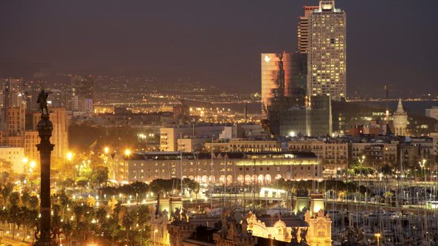 Panoramic view of Barcelona at night.