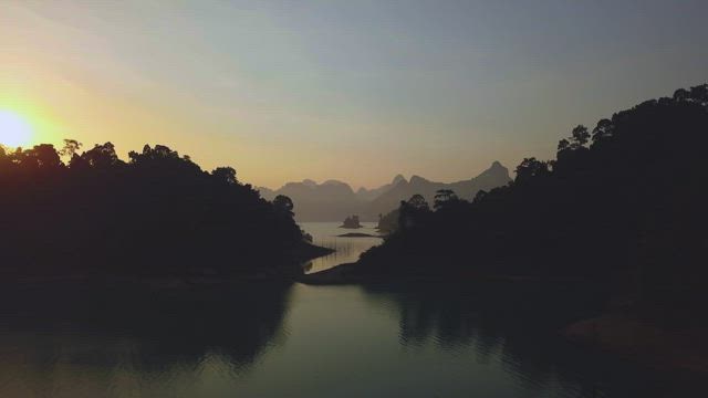 Landscape of a large lake during sunset from the air.