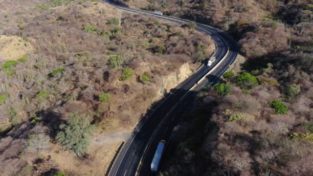 Transport trucks gliding over black asphalt road among arid vegetation.