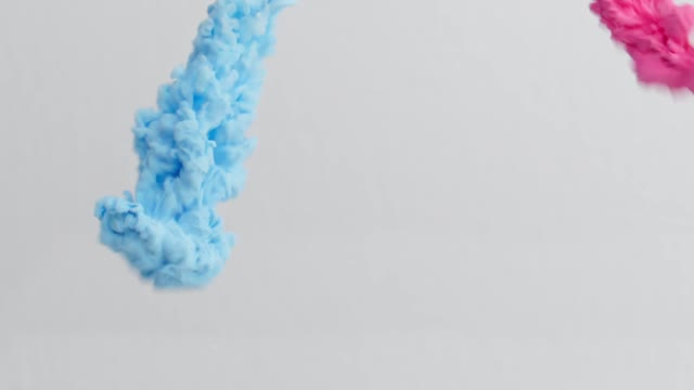 Blue and pink paint enter the transparent liquid creating flowing clouds over a white background.