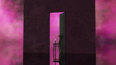 A Lit Candle Burns on a Chair in the Doorway Space in the Background Purple Neon Color Imagination.