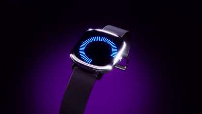 Rotating smart watch with a blue circle on the screen .