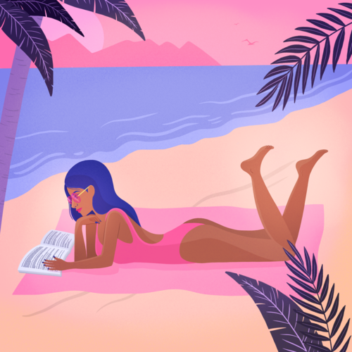 Girl in a swimsuit sunbathing and reading a book at the beach in summer.